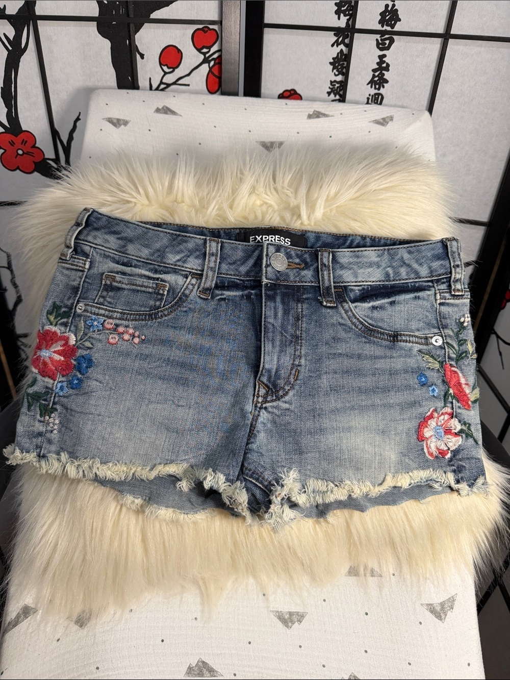 Express Light Blue Embroidered Frayed Denim Shorts